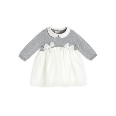 Girls Light Grey Solid Long Sleeve Dress